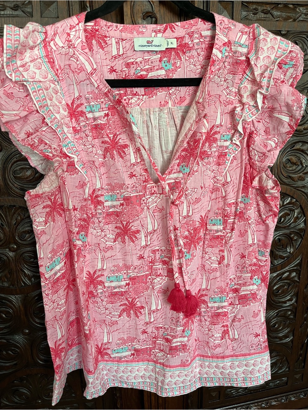Vineyard Vines Pink Scenic Print Ruffle Tie-Front Top